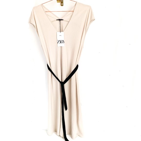 Zara Dresses & Skirts - NWT zara taupe midi dress w/black tie at waist L